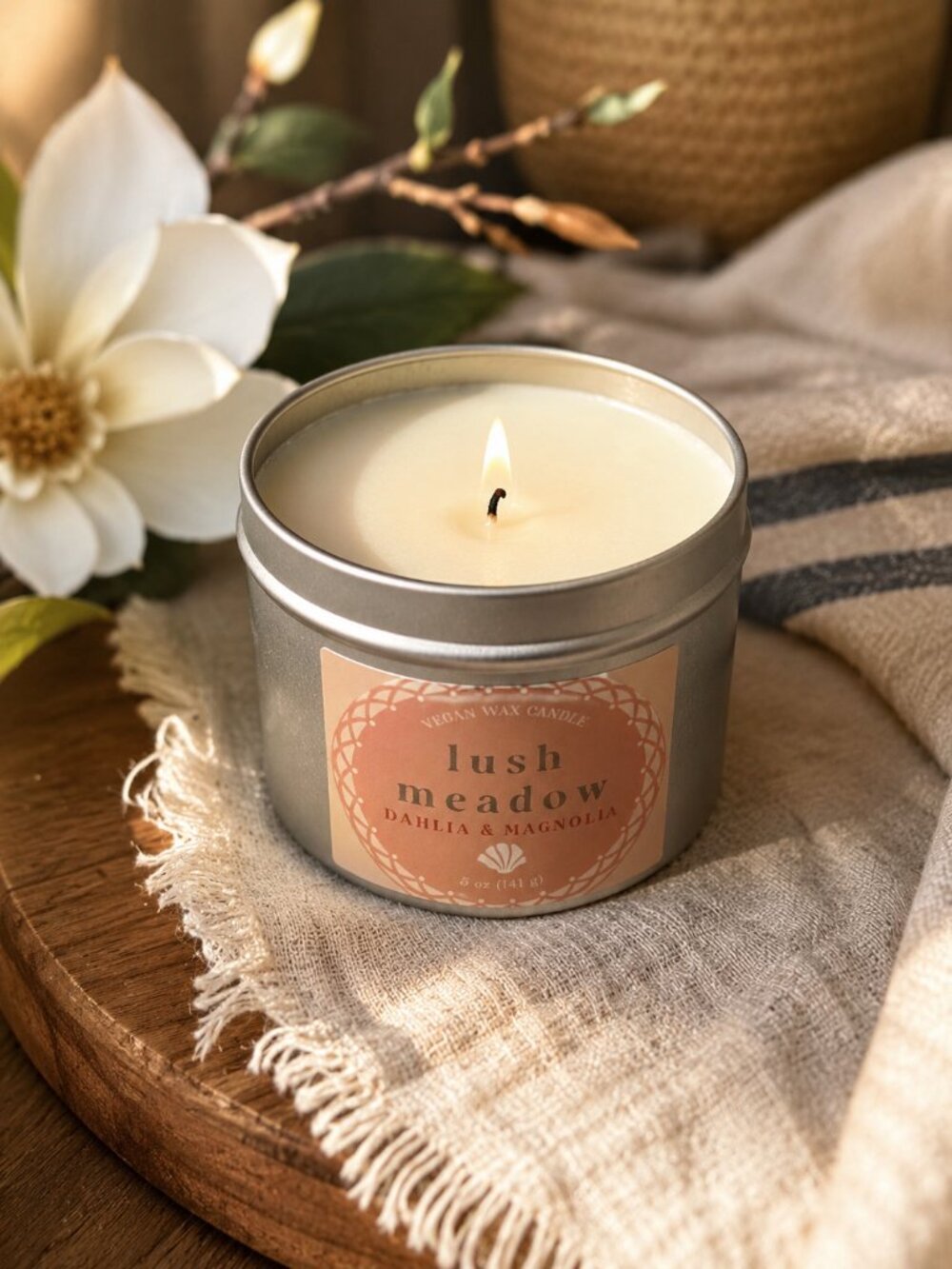 Lush Meadow Dahlia Magnolia 5 oz Vegan Wax Travel Candle